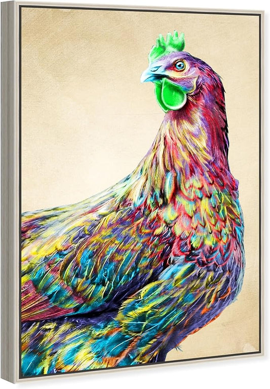 Country Farmhouse Canvas Print Painting Animal Wall Art 'Fun Colorful Glam Rooster' Champagne Framed Canvas Rustic Home Décor 20x30 in Pink, Green by Oliver Gal