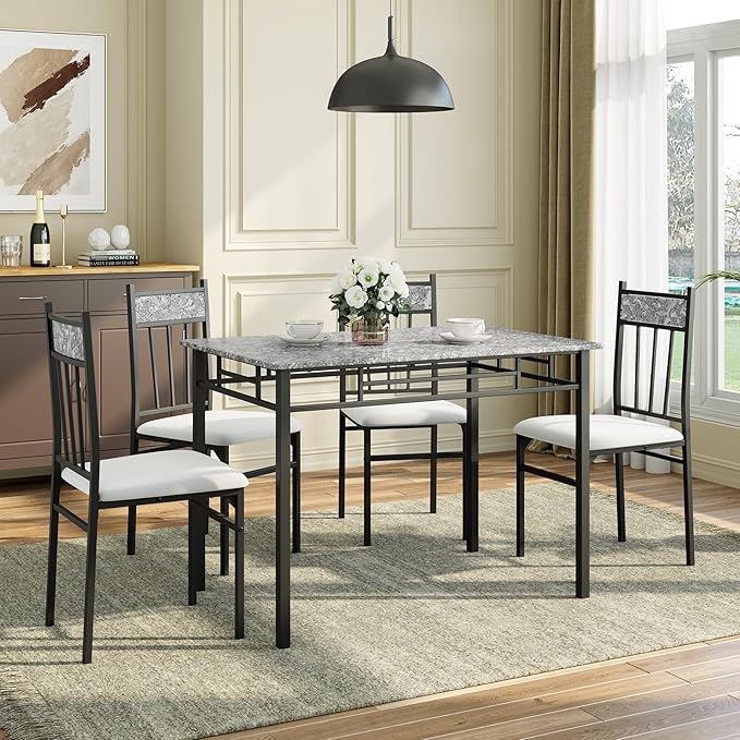 NAFORT 5 Piece Dining Table Set for 4, Faux Marble Kitchen Table and Chairs Set of 4, Vintage Rectangular Dining Room Table with Cushion Padded Seat, Metal and Wood Dining Set Kitchen Furniture, Grey