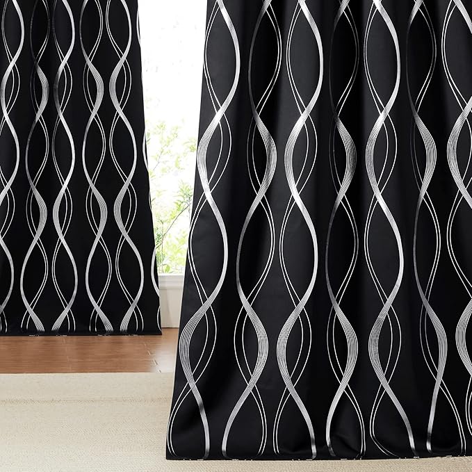NICETOWN Black Blackout Patterned Curtain for Bedroom, 66 inch Wide by 84 inch Long, Noise Reducing Thermal Insulated Wave Line Foil Print Design Drapes for Patio Sliding Glass Door, 2 Panels