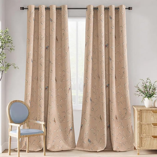 H.VERSAILTEX Blackout Curtains for Bedroom 96 Inches Length Thermal Insulated Birds Rustic Printed Curtain Drapes for Living Room Energy Efficient Room Darkening Home Decoration Pair 2 Panels, Taupe