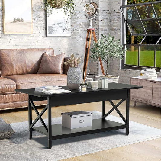 COSTWAY Industrial Coffee Table, 2-Tier Wood Cocktail Tea Table with Storage Shelf and X-Shape Steel Frame, Rectangle Sofa Side Accent Table for Living Room Home Office, Black
