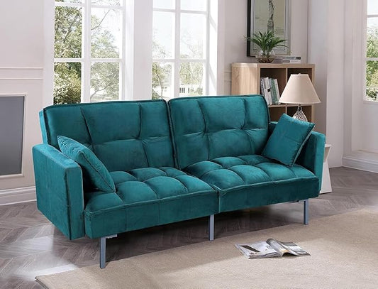Container Furniture Direct Regal 75.6" Velvet Convertible Sofa Bed - Mid-Century Sleeper Couch w/Tufted Design & Metal Legs - Pull-Out Futon for Guests/Home (75.6" W x 34.6" D x 32" H), Blue