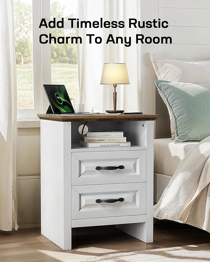 Marsail Nightstand with Charging Station, Farmhouse Bedside Table with 2 Drawers and Open Shelf, Bedside Storage Cabinet for Bedroom, Rustic End Side Table, Wood White