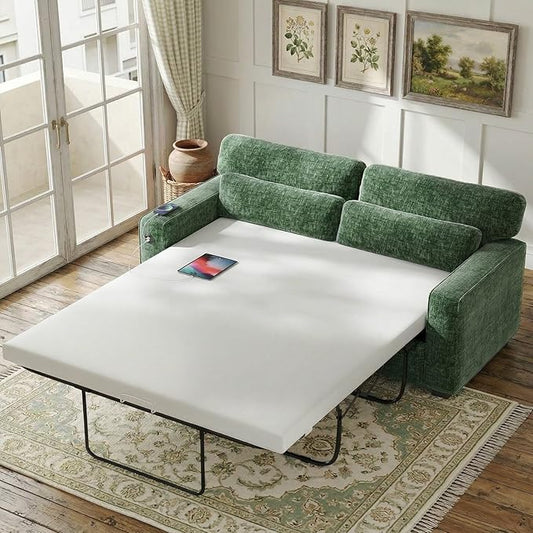 Marsail Pull Out Sofa Bed, Full Size Sleeper Sofa with Memory Foam Mattress, 2 USB Charging Ports & Removable Covers, Chenille Loveseat Couch for Living Room, Apartment, Green