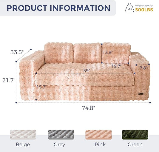 MAXYOYO 3 Seater Sofa for Living Room, Tufted Boneless Couch Bubbled Sofa Couch, Comfy Bean Bag Chair for Bedroom Apartment, No Assembly Needed, Pink
