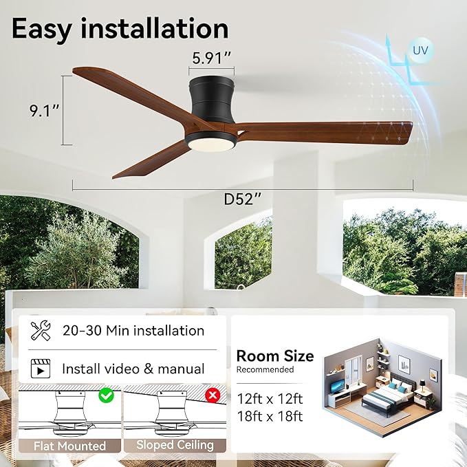 52in Smart Ceiling Fans with Lights,Low Profile Modern Wood Ceiling Fans,Remote/APP/Alexa Control,Outdoor Indoor Flush Mount Ceiling fan,for Patio Bedroom Farmhouse,3 Walnut Blade,Reversible,Quiet