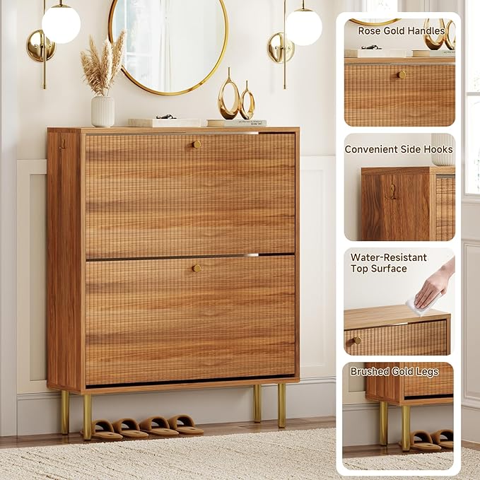 Nicetree Shoe Storage Cabinet for Entryway - 2 Flip Drawers Shoe Cabinet with Tiered Fluted Design - Slim Shoe Storage Rack with Gold Legs - Narrow Shoe Cabinet Hidden Shoe Organizer for Small Spaces