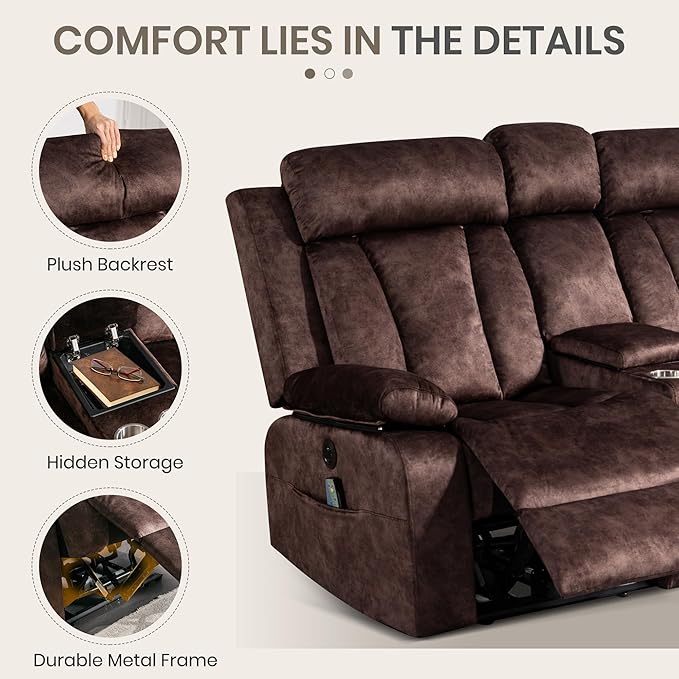 Power Reclining Loveseat with Heat & Massage, Dual Recliner Sofa with Console, Cup Holders, USB & Type-C Ports, 2 Seater Electric Reclining Couch for Living Room, RV (Brown, 2 Seat)