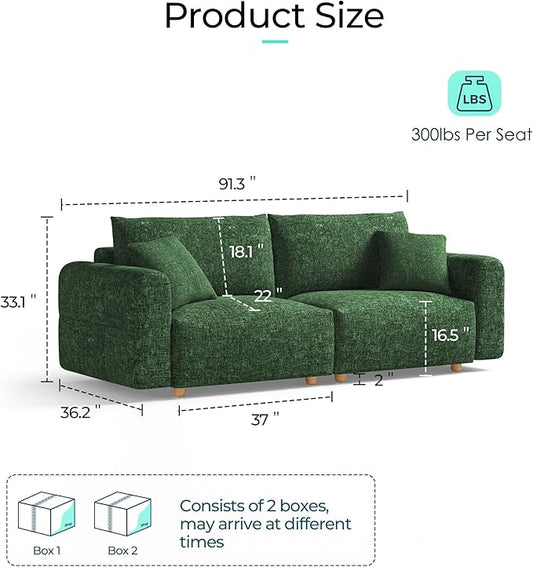 LINSY HOME Cloud Couch Sectional, Modular Sofa Sectionals for Living Room Bedroom, 91" 2 Seater Love Seat Couch with Ottoman, Deep Seat Cozy Couch Luxury Chenille Sofas, Green