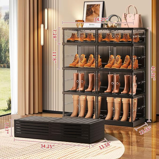 4-Tier Foldable Shoe Rack for Closet Entryway 8-16Pairs,Stackable Clear Shoe Storage Boxes Organizer with Door Plastic Shoe Cabinet Bins with Lids Shoes Shelf Easy Assembly Large Black