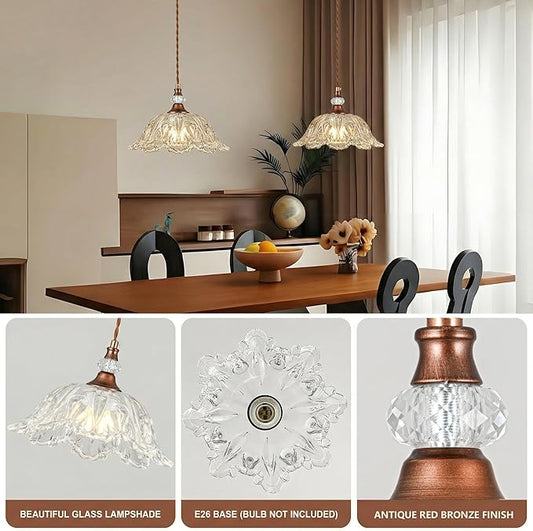 1 Piece Vintage Chandelier Light Fixtures with Crystal Glass Shade, Antique Red Bronze Finish Pendant Light for Kitchen Island, Hanging Light Fixture for Dining Room, Hallway, Living Room, Bedroom