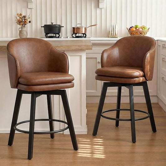 Counter Height Barstools 26 inch Upholstered Swivel Bar Stools with Back and Wood Legs for Kitchen Island,Set of 4,Brown PU Leather