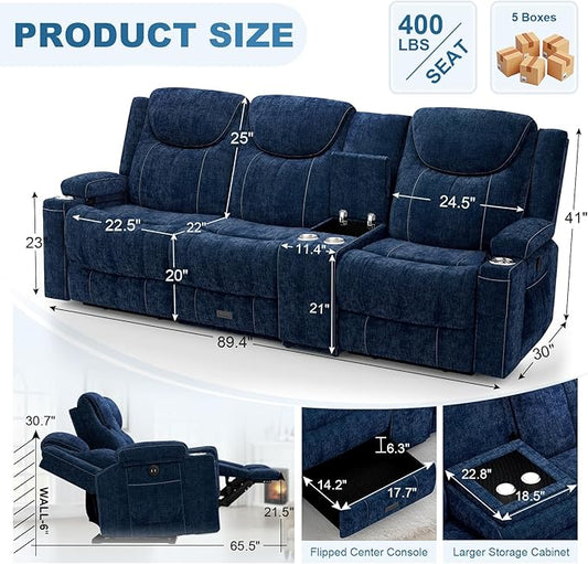 Dresegmt Recliner Sofa, 2 - Way Multi - Function Manual 3 Seater Couch with Cup Holders, Storage & USB Ports, Modern Multifunctional Sofa, Cloud-Like Blue Fabric Reclining Couch for Living Room
