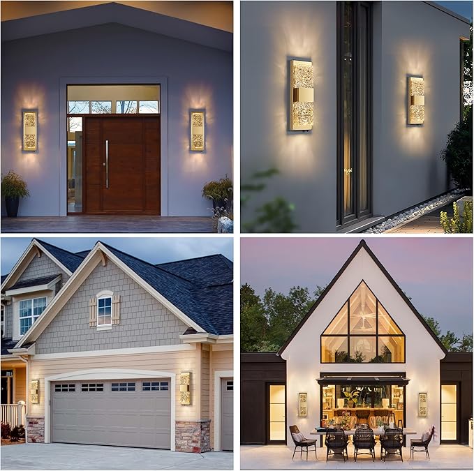 Dusk to Dawn Outdoor Lighting,Porch Lights Outdoor 14.2'' IP65 Waterproof Exterior Lighting Fixtures 12W LED Crystal Modern Outdoor Sconce Lights for House Hallway Doorway Patio, Gold, 1PCS