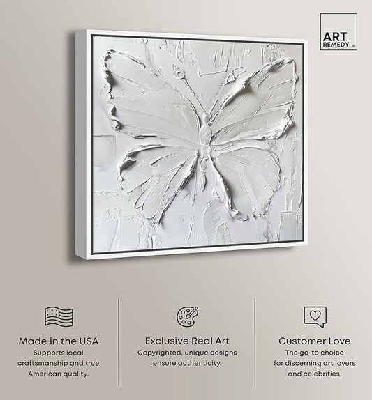 Art Remedy White Butterfly Canvas Elegant White Gold Wall Art, White Frame, 24" x 24"