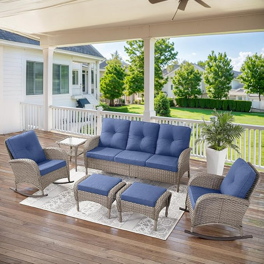 Belord 6 Pieces Patio Rocking Chairs Outdoor Furniture Set with Outdoor Couch and Ottoman Conversation Patio Furniture Set Perfect for Deck Sunroom Backyard