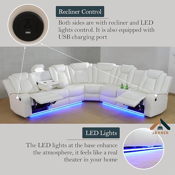 Power Recliner Sectional Sofa Set for Living Room, Leather Recliner Sofa Sets, L-Shaped Corner Sectional Couch Sets with LED Lights, Console Storage(Sectional and Chair,Cream)