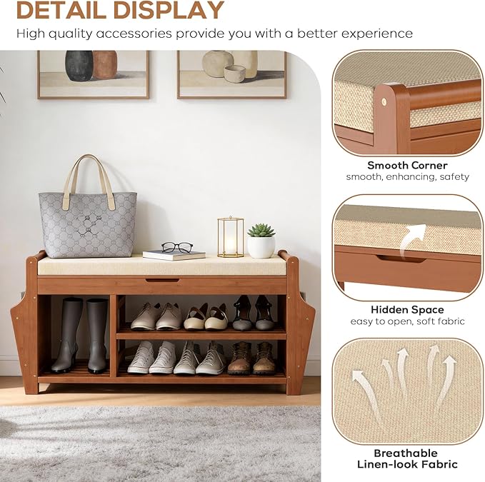 39.4in Shoe Bench with 2 Side Holder, 3 Tier Bamboo Entryway Bench with Storage, Shoe Rack Bench Organizer with Cushion for Entryway Hallway Living Room, Holds up to 330lbs