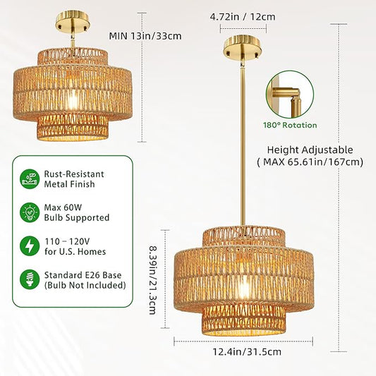 1 Light Pendant Lighting, Farmhouse Hanging Light Fixture for Kitchen Island & Dining Room, Industrial Vintage Ceiling Lamp with E26 Base, Adjustable Height, 12.4” Boho Rattan Chandelier