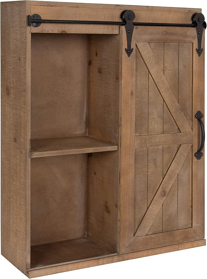 Kate and Laurel Cates Wood Wall Storage Cabinet with Sliding Barn Door; 22 x 9 x 28; Rustic Brown; Decorative Farmhouse Over the Toilet Cabinet with Three Shelves for Bathroom or Kitchen Storage