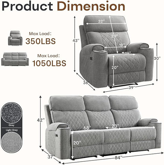 HAOMARKETS 2-Piece Electric Recliner Sofa Set with Charging Port, Include Single Power Reclining Chair and 3-Seater Reclining Sofa for Living Room, Light Grey