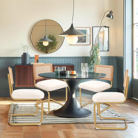 CangLong Modern Dining Chairs Set of 4 with Natural Mesh Rattan Backrest, Upholstered Fleece Seat Armless Accent Chairs with Metal Legs for Kitchen & Living Room, Cream