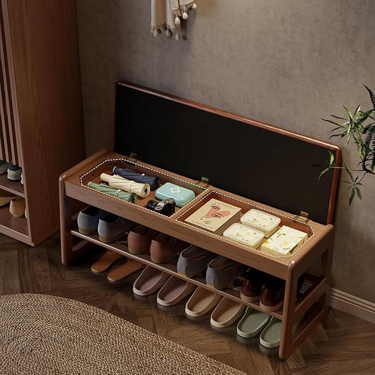 AQIMUELE Shoe Rack Bench,2 Tiers Shoe Bench with Storage with Flip-Top,Wood Shoe Rack for Entryway,Hallway(Orange Upholstered Seat)