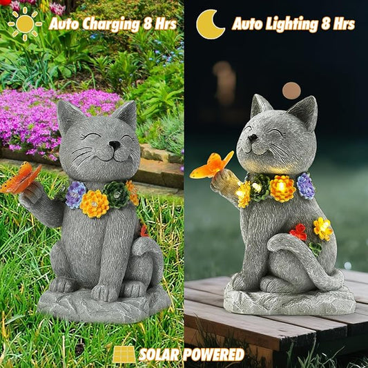 Solar Cat Garden Statue - 7 LED Lights with Flowers & Butterfly Yard Art, Lawn Porch Outdoor Decor, Gift for Mom, Grandma & Women