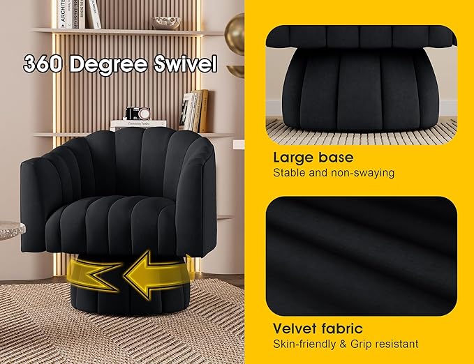 Mid Century 360 Degree Swivel Cuddle Barrel Accent Sofa Chairs, Round Armchairs with Wide Upholstered, Fluffy Velvet Fabric Chair for Living Room, Bedroom, Office, Waiting Rooms, (Black)