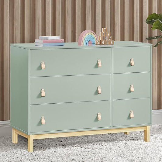 babyGap Legacy 6 Drawer Dresser with Leather Pulls and Interlocking Drawers by Delta Children - Greenguard Gold Certified, Sage Green w/Natural
