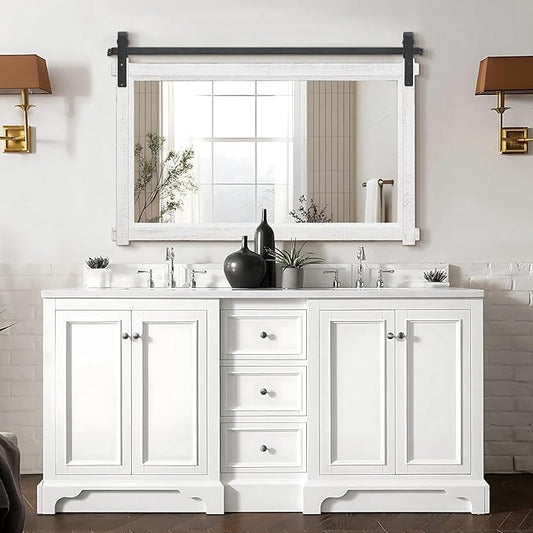 Besdomus Large Bathroom Farmhouse Mirror: 42"x28" White Barn Door Farmhouse Solid Cedar Wood Frame - Rustic Wall Mounted Mirror for Entryway/Living Room/Bathroom Redo - Home Decor for Housewife