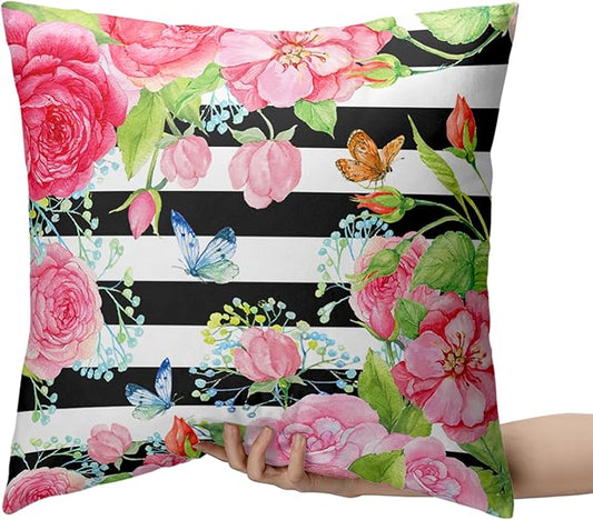 Spring Summer Pillow Covers 18x18 Set of 2 Rose Throw Pillow Covers Butterfly Flowers Pillow Case Black Stripes Cotton Blend Cushion Case for Home Decor Couch Sofa