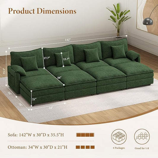Vesgantti 142" Oversized Sectional Sofa Bed, 8-Seater Modular Sleeper Cloud Couch with Movable Ottoman, Chenille Convertible Sofa Set Deep Seat Couches for Living Room, Bedroom and Apartment, Green | Sink-in Comfort, Height Adjustable, Easy Rearrangeme...