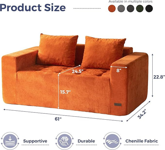 MAXYOYO Modular Sofa Couch, 61" Loveseat Boneless Cloud Couch with Deep Seat, Chenille Upholstered Living Room Sleeper Sofa Chair for Living Room, No Assembly Required, Orange