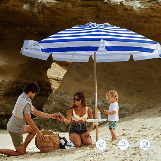 AMMSUN 7.5ft Heavy Duty HIGH Wind Beach Umbrella Commercial Grade Patio Beach Umbrella with Air Vent Ash Wood Pole & Carry Bag UPF 50+ Protection Stripe Blue white