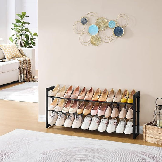FAVOOSTY 3-Tier Expandable Shoe Rack, Adjustable Shoe Shelf Storage Organizer Space Saving Metal Free Standing Shoe Rack for Entryway Closet Doorway, Black
