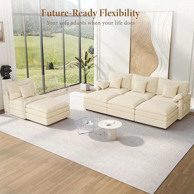 Vesgantti 142" Oversized Sectional Sofa Bed, 8-Seater Modular Sleeper Cloud Couch with Movable Ottoman, Chenille Convertible Sofa Set Deep Seat Couches for Living Room, Bedroom and Apartment, Beige | Sink-in Comfort, Height Adjustable, Easy Rearrangeme...