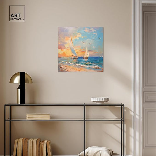 Art Remedy Sailboats In The Sunset Gallery Wrapped Sailing 1 Piece Canvas Wall Art, 20" x 20", Gallery Wrapped
