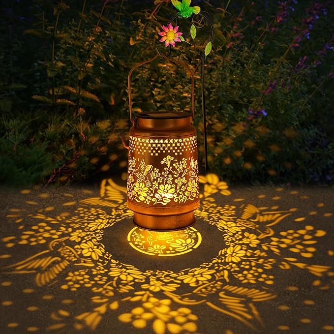 Solar Lanterns Outdoor Hummingbird Garden Decor, Gifts for Women Mom Grandma Birthday, Metal Hanging Solar Lights Waterproof with Shepherd Hook LED Decoration Outside for Garden Yard Patio Porch