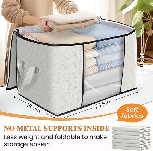 Fab totes 24 Gallons Clothes Storage, Foldable Thick Fabric Blanket Storage Bags, Containers for Organizing Bedroom, Closet, Clothing, Comforter, Organization with Handle (3 Pack,Ivory)
