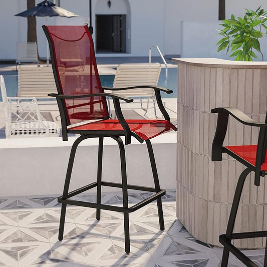 Flash Furniture Valerie Patio Bar Height Stools Set of 2, All-Weather Textilene Swivel Patio Stools with High Back & Armrests in Red
