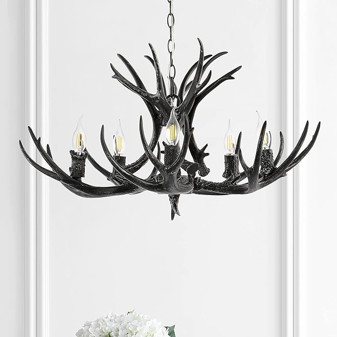 JONATHAN Y 26" Black Rustic Resin Antler 4-Light LED Chandelier, Farmhouse Faux Deer Horn Hanging Ceiling Light for Dining Room, Kitchen Island, Adjustable Light Fixture (JYL6300C)