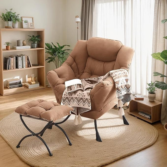 Lazy Chair with Ottoman, Large Khaki Accent Chair with Ottoman, Comfy Reading Armchair, Leisure Sofa Chair for Living Room, Bedroom, Dorm Room, Office