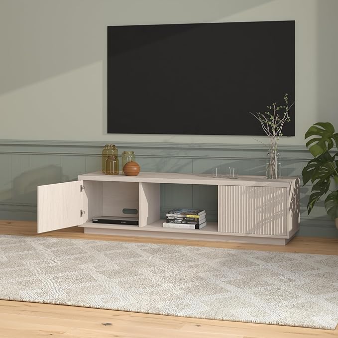 Henn&Hart Fluted TV Stand for TVs up to 65" with 2 Side Storage Cabinets and Open Center Storage for Living Room, Family Room, or Office, Beech White