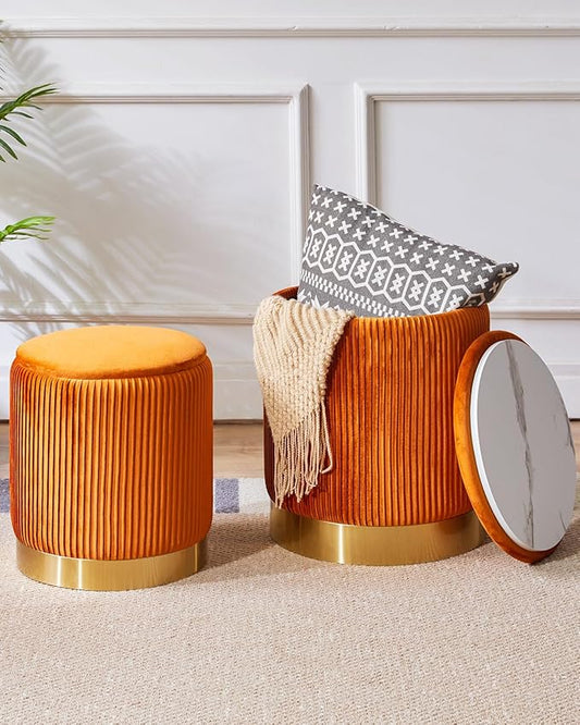 IBUYKE Round Storage Ottoman Set of 2 Ottoman for Dorm Vanity Stool with Storage Velvet FootStools End Table Boucle Ottoman for Home Organization Orange UWBD016J