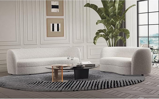 Furniture of America Nimiane Modern Boucle 2 Piece Sofa and Loveseat Set with Curved Arms and Wooden Legs, Accent Furniture Sets for Living Room, Home Office, Bedroom, Off-White