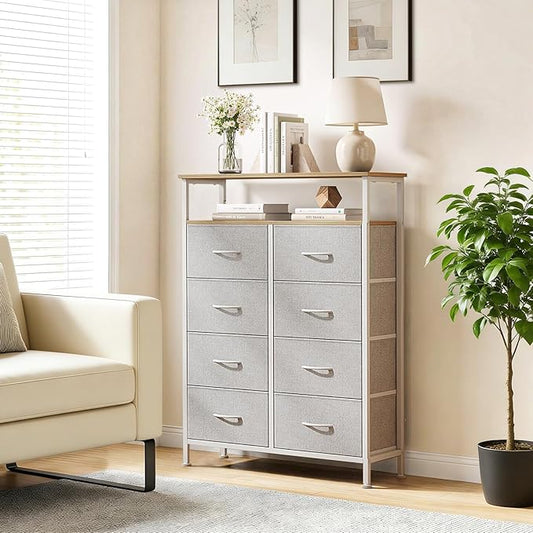 8 Drawers Dresser with Open Shelf, 46" Tall Storage Organizer Chest of Drawer with Wooden Top, Sturdy Metal Frame for Bedroom, Hallway, Living Room, Light Gray