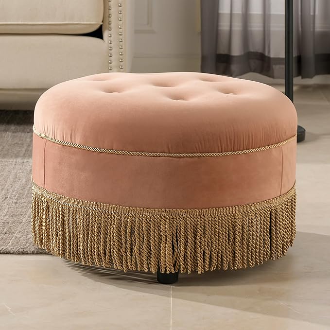 Jennifer Taylor Home Yolanda Upholstered Round Accent Ottoman, Peach Orange Velvet with Gold Trim