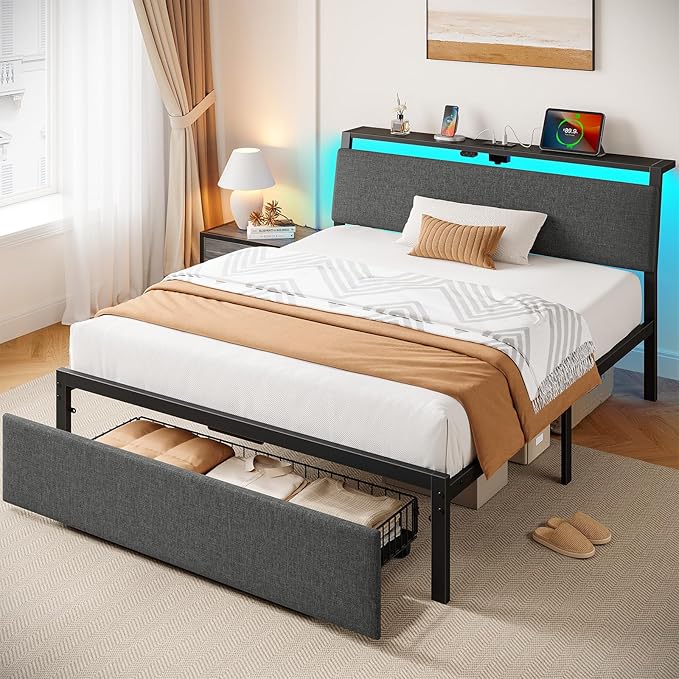Rolanstar Twin Bed Frame with Ergonomic Headboard Storage & Charging Station, Upholstered Platform Bed with LED Light & Drawer, Heavy Duty Metal Slats, Noise Free, No Box Spring Needed, Grey