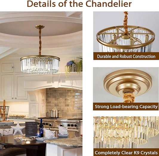 Gold Modern Crystal Chandelier Lighting Semi Flush Mount Ceiling Light Fixture 2-Tier K9 Crystal Hanging Pendant Light for Dining Room Kitchen Island Living Room Bedroom Hallway 21.6inch